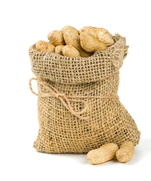 Cacahuetes en una bolsa de arpillera en miniatura aislada en blanco — Foto de Stock