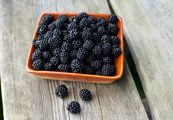 Blackberries in a bowl on wooden surface — Stock Photo, Image