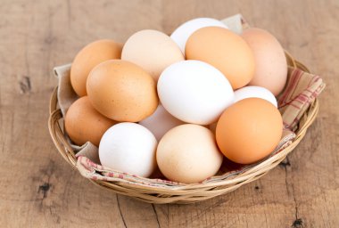 ahşap masa üzerinde bir sepet içinde çiftlik yumurta