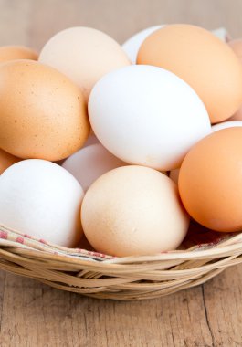 ahşap masa üzerinde bir sepet içinde çiftlik yumurta