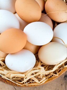 güzel çiftlik yumurta bir ahşap kase