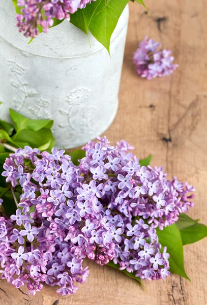 Beautiful lilac on dark wooden surface — Stock Photo, Image