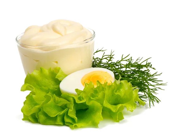 Mayonnaise and boiled egg isolated on white — Stock Photo, Image