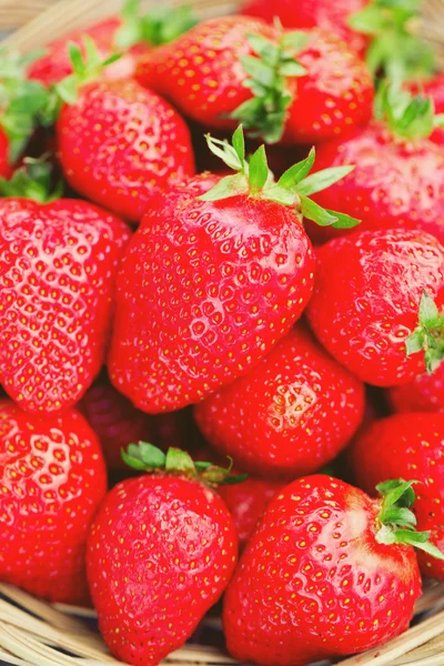 Cesta con fresas en una mesa de madera de jardín — Foto de Stock