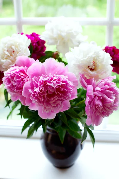 Vase with colorful peonies on window-sill — Stock Photo, Image