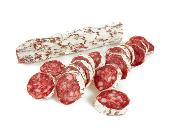 Seco Salame Isolado Branco Backrgound — Fotografia de Stock