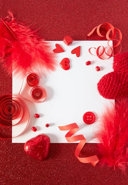 Valentine Day Decorations Red Surface — Stock Photo, Image