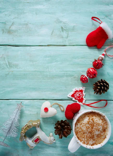 Cup Coffee Christmas Decorations Turquoise Wooden Surface — Stock Photo, Image