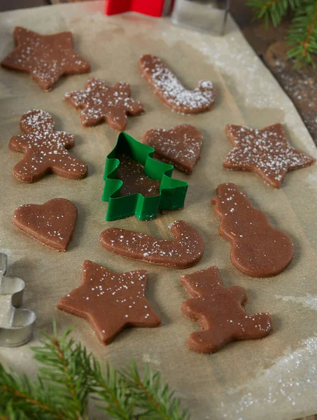 圣诞烘焙 姜饼面团 饼干切割机和毛皮小枝 — 图库照片