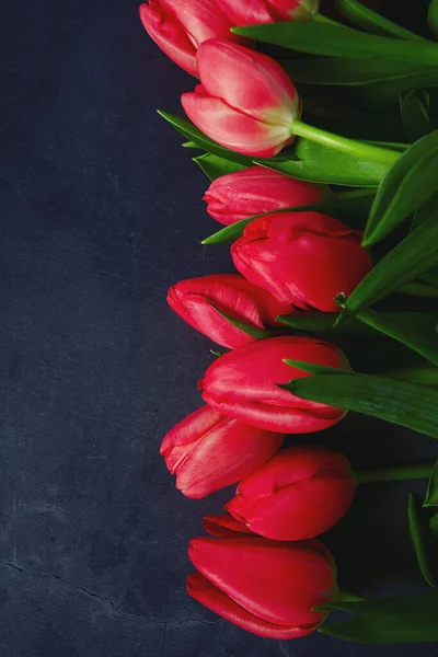 Pink Tulips Black Stone Surface — Stock Photo, Image