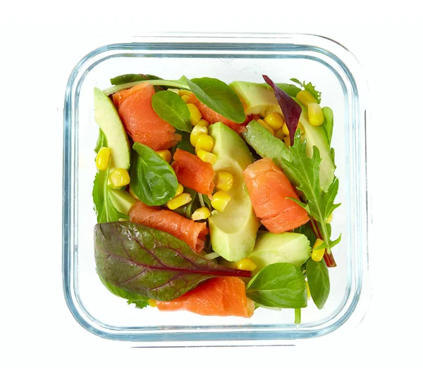 Salada Salmão Recipiente Vidro Quadrado — Fotografia de Stock