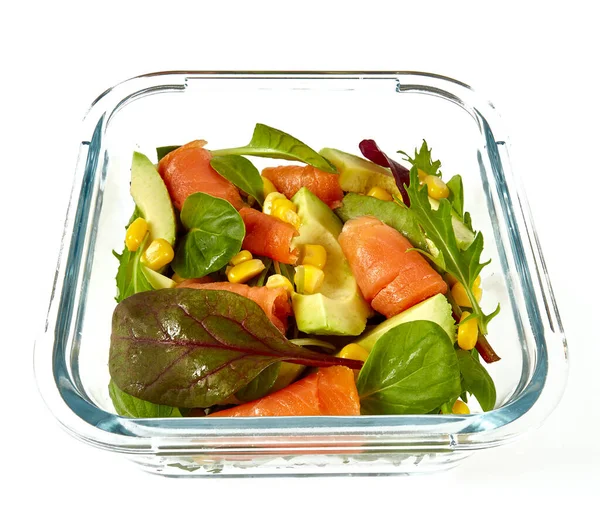 Salada Salmão Recipiente Vidro Quadrado — Fotografia de Stock