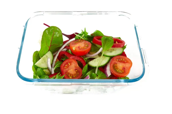 Salada Vegetal Recipiente Vidro Isolado Fundo Branco — Fotografia de Stock