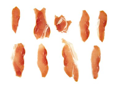 Beyaz arka planda izole edilmiş jambon kabuğu. İtalyan ya da İspanyol geleneksel kurutulmuş eti.