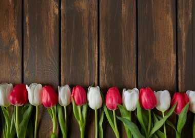 Kahverengi ahşap yüzeyde güzel renkli laleler