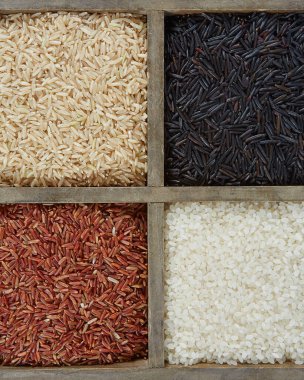 Beyaz arkaplanda izole edilmiş bir kutuda pirinç çeşitliliği