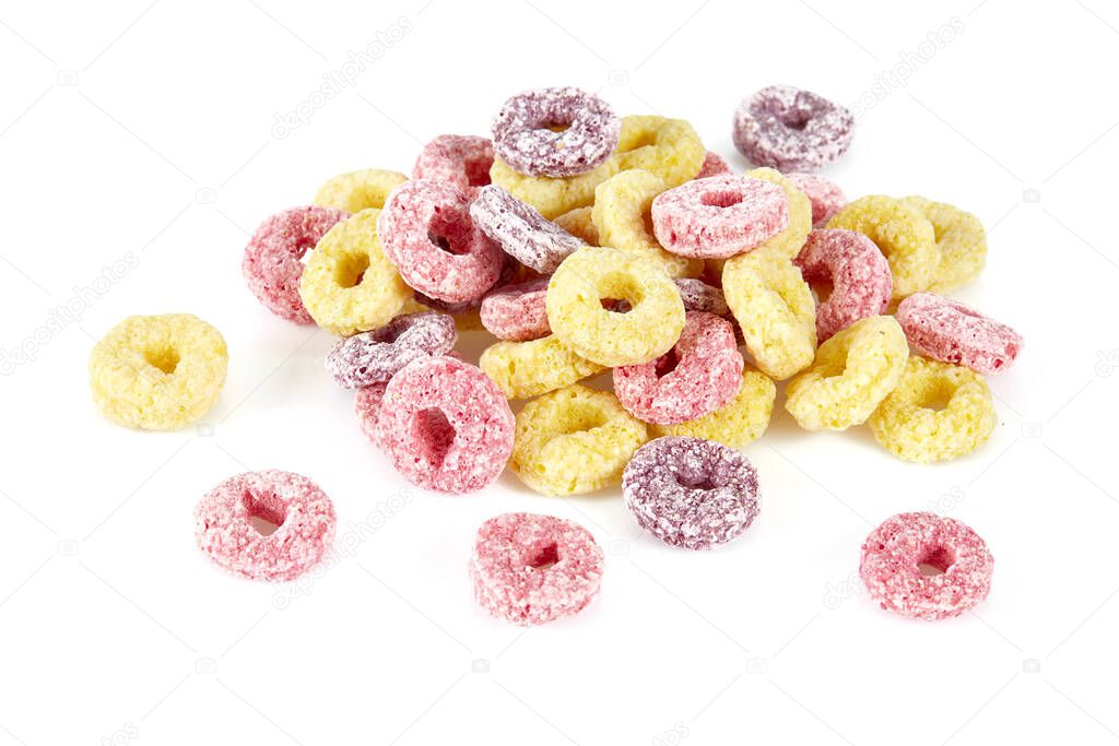 colorful fruity corn flake rings isolated on white