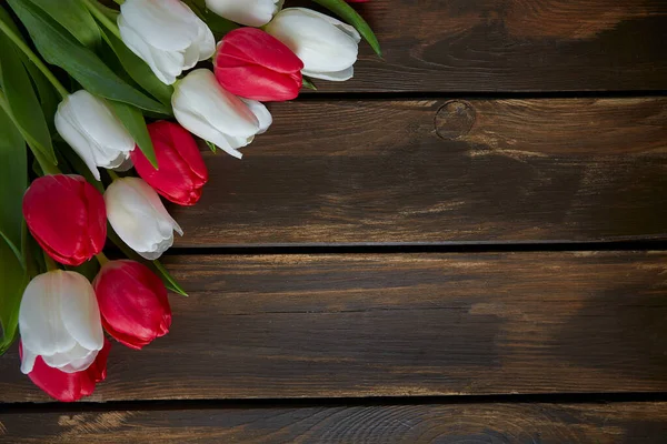 Beautiful Colorful Tulips Brown Wooden Surface — Stock Photo, Image