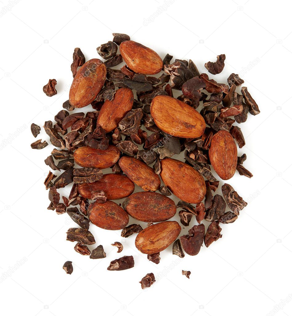 cocoa nibs and beans isolated on white background