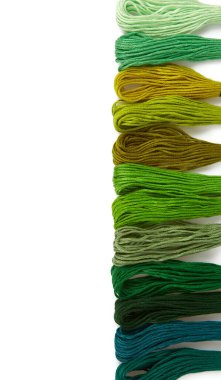 Beyaz arka planda izole edilmiş nakış işlemek için yeşil iplikler.