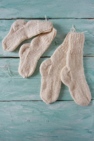 Hand Knitted Socks Wooden Background — Stock Photo, Image