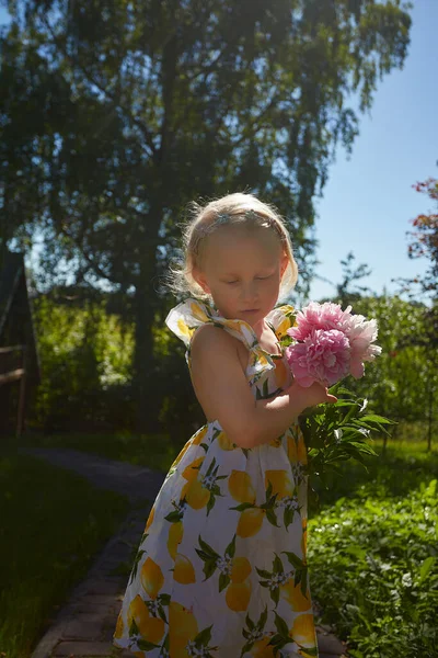 Мила Маленька Дівчинка Літній Сукні Тримає Купу Півоній — стокове фото