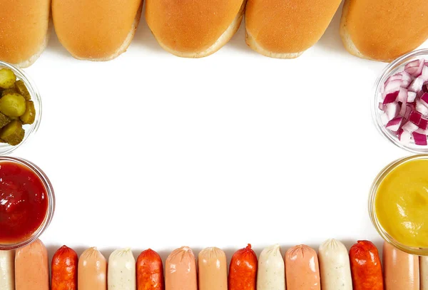 Hot Dog Ingrediënten Geïsoleerd Witte Achtergrond Voedselframe Kopieer Ruimte Voor — Stockfoto