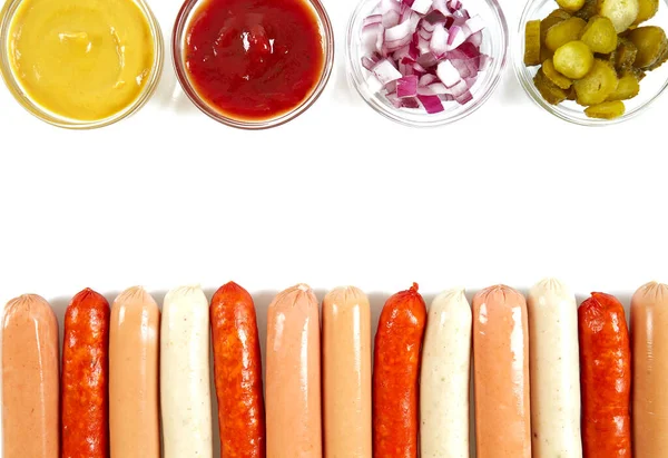 Worstjes Dressing Voor Hotdogs Voedselframe Bovenaanzicht Kopieerruimte Voor Tekst — Stockfoto