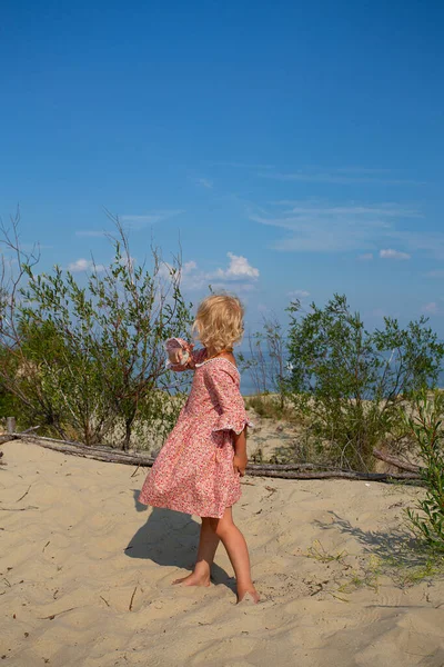 Elbise Deniz Kenarındaki Güzel Küçük Kız — Stok fotoğraf