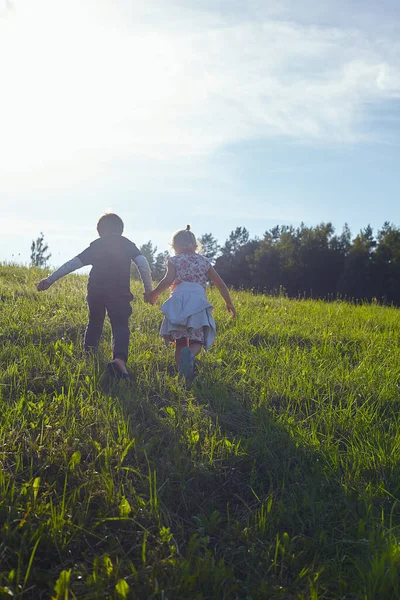 Niedliche Kinder Spazieren Auf Feldern — Stockfoto