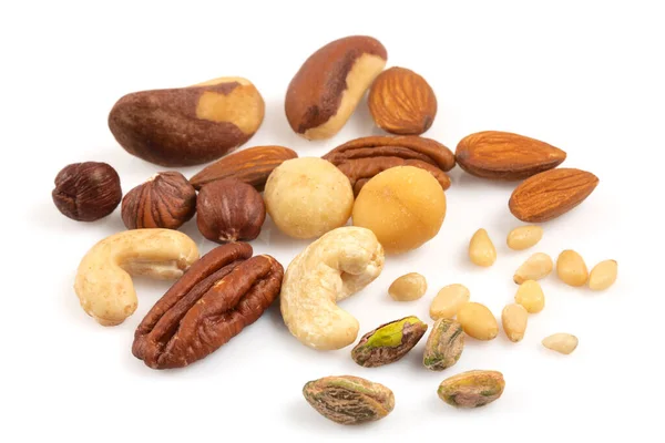 Various Nut Mix Isolated White Background Close — Stock Photo, Image
