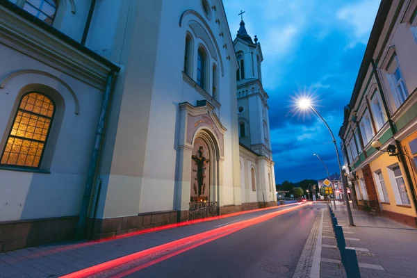 Igreja Sanok Noite Sanok Subcarpathia Polónia — Fotografia de Stock