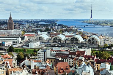 Riga architecture with Riga Radio and TV Tower and Latvian Acade