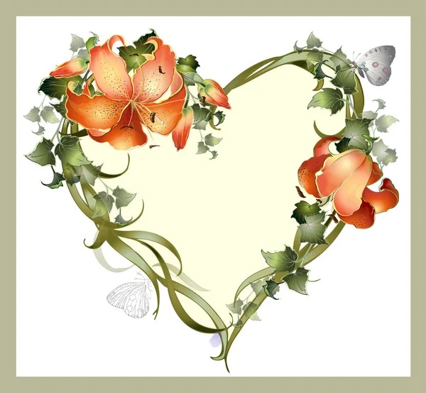 Cuore decorativo. Cartolina vintage con edera e giglio . — Vettoriale Stock