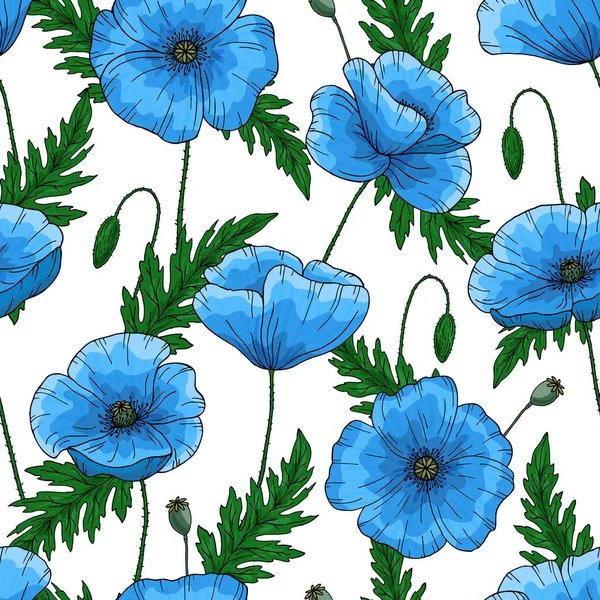Saemless mönster med blå vallmo blommor. Papaver. Gröna stjälkar och blad. Handritad vektor illustration. Isolerad på vit bakgrund. — Stock vektor