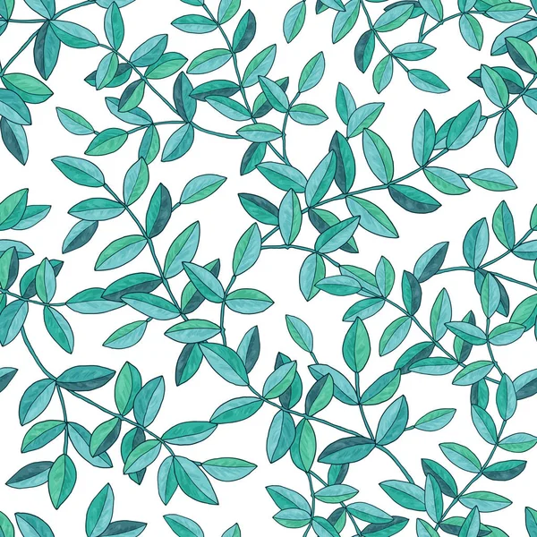 Seamless pattern with branches with green leaves. Texture for print, fabric, textile, wallpaper. Hand drawn vector illustration. Isolated on white background. — Stock Vector