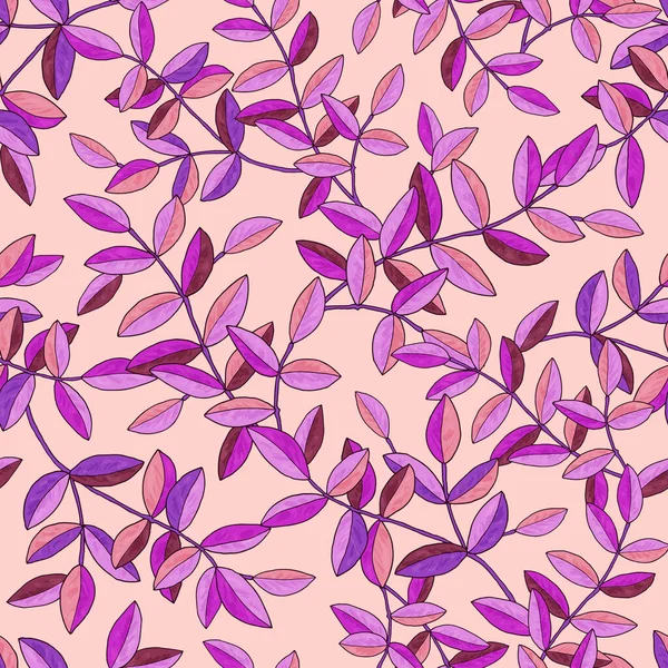 Seamless pattern with branches with purple leaves. Texture for print, fabric, textile, wallpaper. Hand drawn vector illustration. Isolated on white background. — Stock Vector