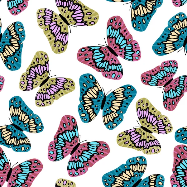 Seamless pattern. Colorful butterflies in flat modern style. Hand drawn vector illustration. Isolated on white background. Texture for print, fabric, textile, wallpaper. — Stock Vector