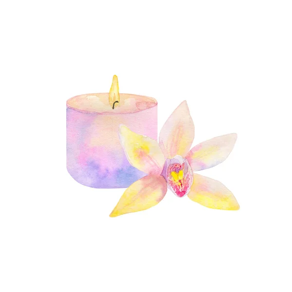 Composición con vela encendida y flor de orquídea. Ilustración acuarela dibujada a mano. Aislado sobre fondo blanco. — Foto de Stock