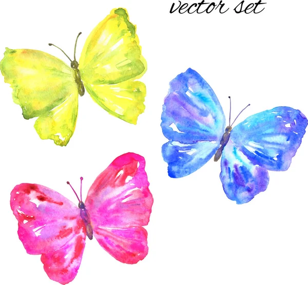 Colorful vector butterflies: yellow, pink, blue. Hand drawn watercolor illustration. Isolated on white background. — Stock Vector