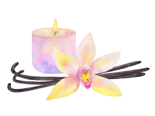 Composition with burning candle, vanilla flower and sticks. Hand drawn watercolor illustration. Isolated on white background. — Stock Photo, Image
