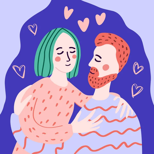 Un couple amoureux de femmes et d'hommes qui s'embrassent. Illustration dessinée à la main. Style dessin animé plat. Illustration vectorielle pour carte. — Image vectorielle