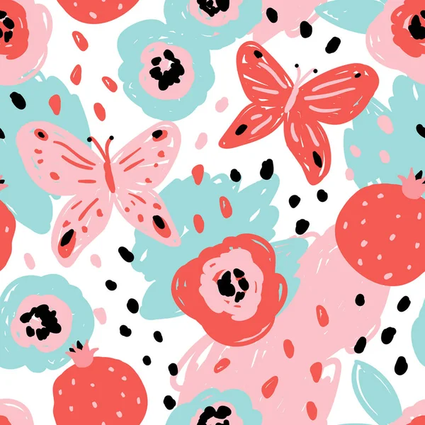 Seamless pattern with abstract shapes, pomegranates and butterflues. Modern flat style, memphis design. Hand drawn vector illustration. Texture for print, fabric, textile, wallpaper. — Stock Vector