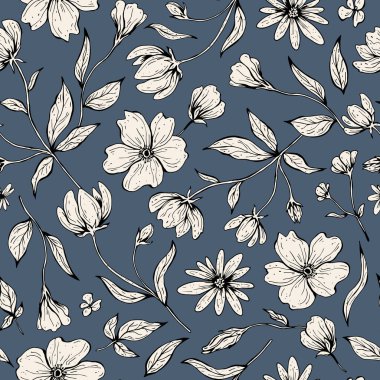 Çiçeksiz desen. Baskı, kumaş, tekstil, duvar kağıdı için güzel bir doku. Sanat tarzında elle çizilmiş mürekkep çizimi. Koyu arkaplanda izole edilmiş beyaz.