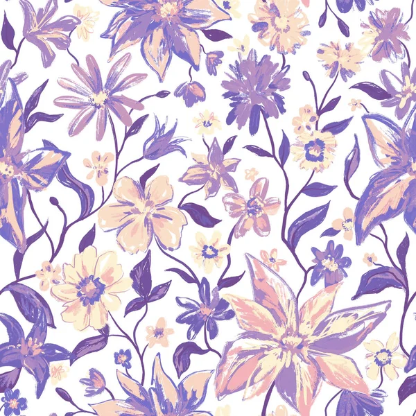 Floral motif botanique sans couture avec des fleurs et des feuilles colorées dans des couleurs violettes. Feminine coloré mignon illustration dessinée à la main sur blanc. Texture pour impression, tissu, textile, papier peint. — Photo