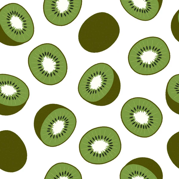 Kiwi, en rodajas y fruta entera. Patrón sin costuras en blanco. Ilustración vectorial plana. Textura para imprimir, tela, textil, papel pintado. — Vector de stock