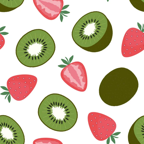 Fresas y kiwi. Patrón sin costuras en blanco. Cortar y frutas enteras y bayas. Ilustración vectorial plana. Textura para imprimir, tela, textil, papel pintado. — Vector de stock