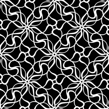 Siyah üzerine soyut beyaz dokuma desenleri olan kusursuz bir model. Dantelli kumaş. Baskı, kumaş, tekstil, duvar kağıdı dokusu.
