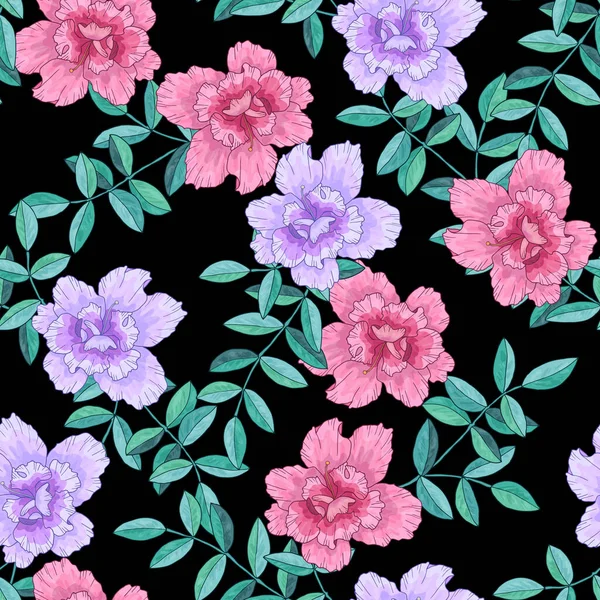 Sömlöst mönster med rosa lila blommor och grenar med gröna blad. Textur för tryck, tyg, textil, tapet. Handritad vektor illustration. På svart bakgrund. — Stock vektor