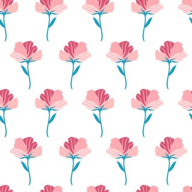 Pembe düz çiçekli pürüzsüz desen. Beyaz arka planda el çizimi vektör çizimi. Baskı, kumaş, tekstil, duvar kağıdı dokusu.